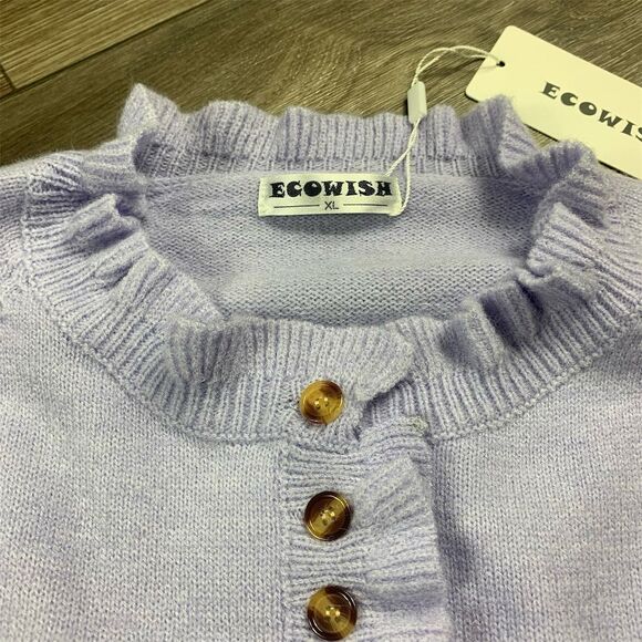 Ecowish Women's XL Purple Ruffle Knit Button Down Cardigan Sweater Long Sleeve - Picture 2 of 7